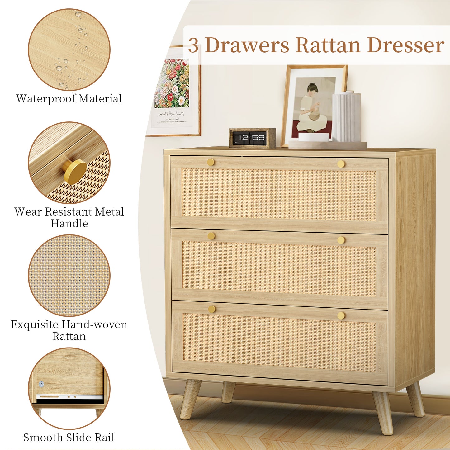 Capri 3-Drawer Dresser, Rattan Dresser Storage Wide Chest of Drawers, Wooden Bedside Night Stand Storage Cabinet for Bedroom,Living Room, Entryway, Natural
