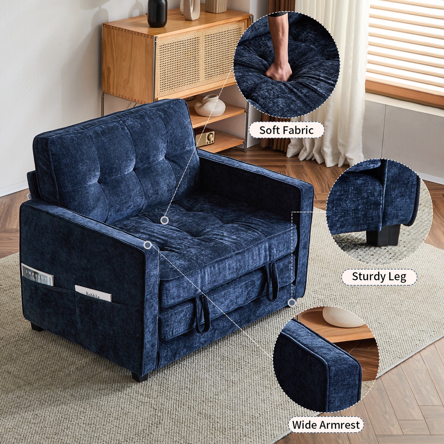 capri Fabric Loveseat Sleeper Sofa with Storage Pocket
