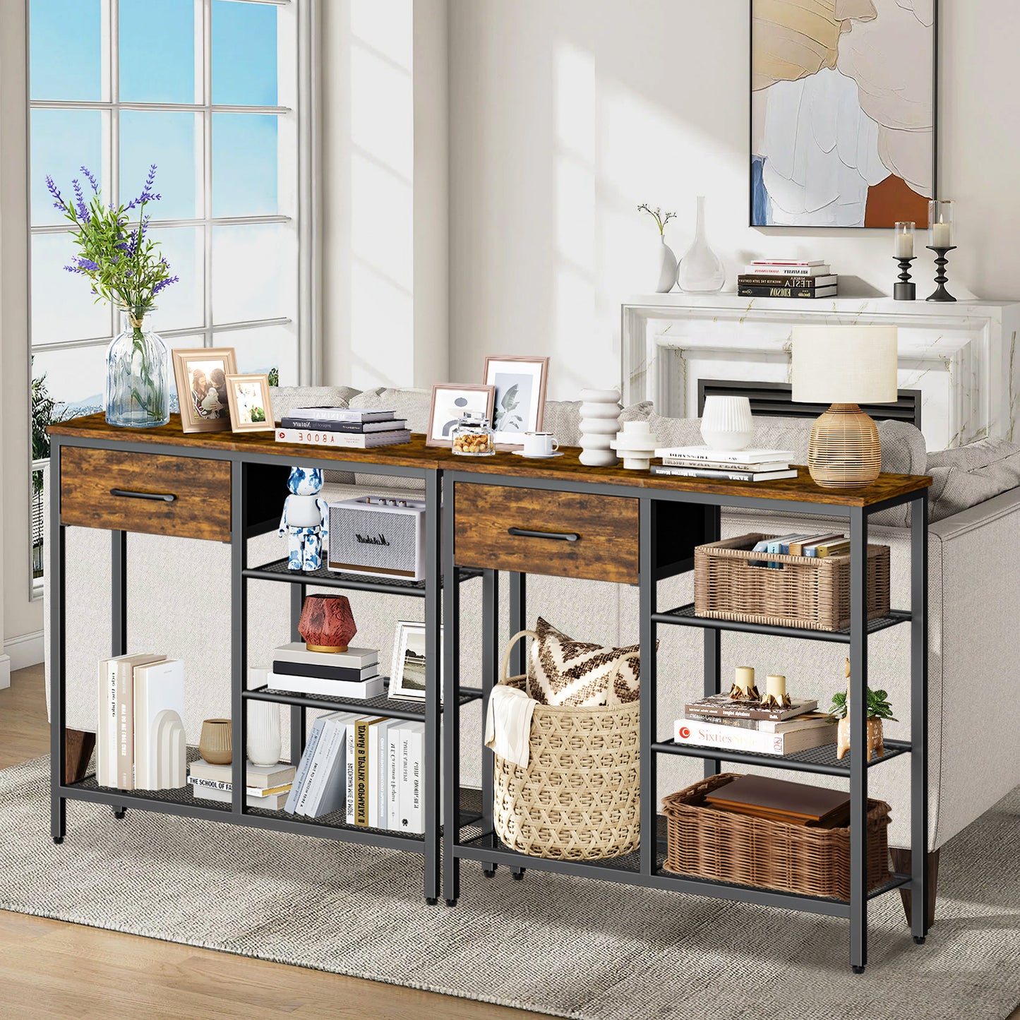 Capri 31.5" Entryway Table with Storage Fabric Drawer, Industrial Sofa Console Table Small Narrow Tables 4-Tier Shoe Rack Side Furniture for Small Spaces, Front Door, Hallway, Foyer, Rustic Brown