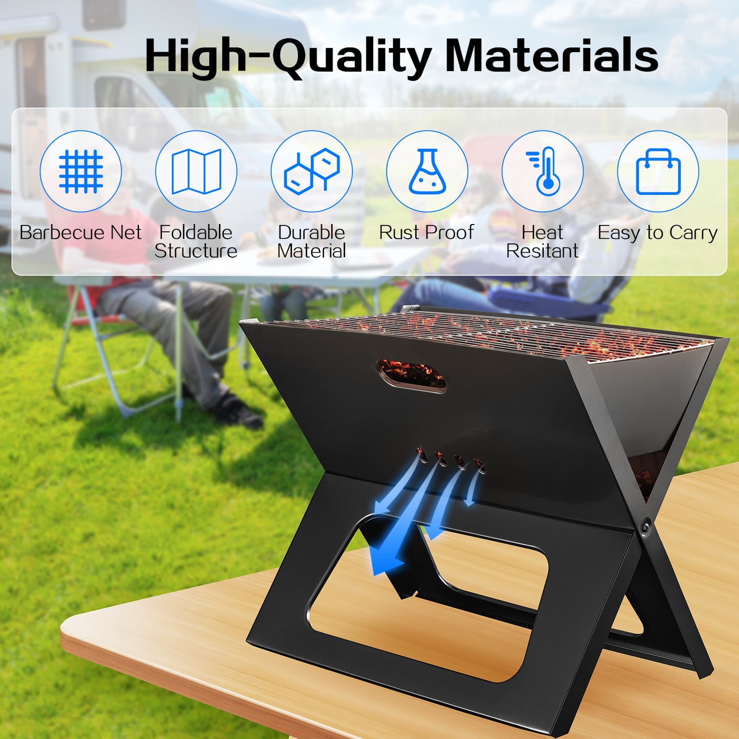 Capri Portable Charcoal Grill, Camping Campfire Grill, Foldable BBQ Grill, Fire Pit Grill for Outdoor Cooking, Bonfire, Patio, Backyard, Easy to Carry and Assembly