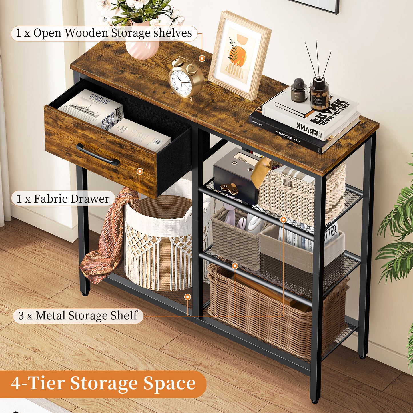 Capri 31.5" Entryway Table with Storage Fabric Drawer, Industrial Sofa Console Table Small Narrow Tables 4-Tier Shoe Rack Side Furniture for Small Spaces, Front Door, Hallway, Foyer, Rustic Brown