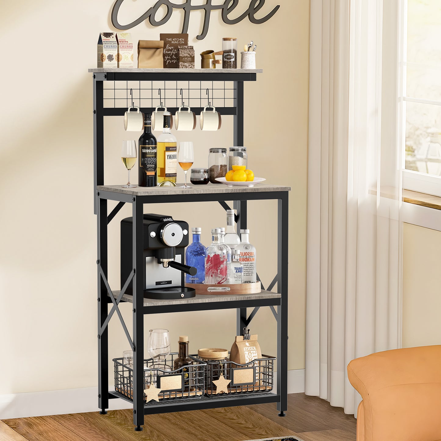 Capri Kitchen Bakers Rack with Storage Shelves and 4 Hooks, Small 4 Tiers Coffee Bar Table, Freestanding Microwave Stand, Kitchen Storage Shelf Rack for Spices, Pots and Pans, Oak Gray