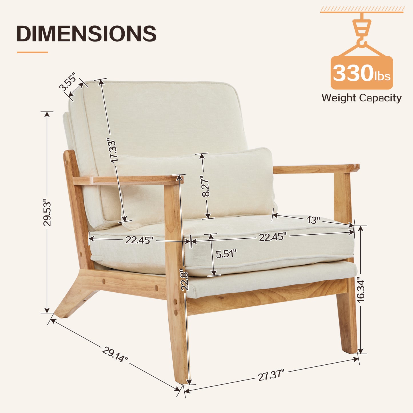 Capri Modern Reading Chair, Solid Wood Accent Arm Chair, Upholstered Sofa Side Chair with Lumbar Pillow, Armchair for Living Room Bedroom Guest Room, Beige/C