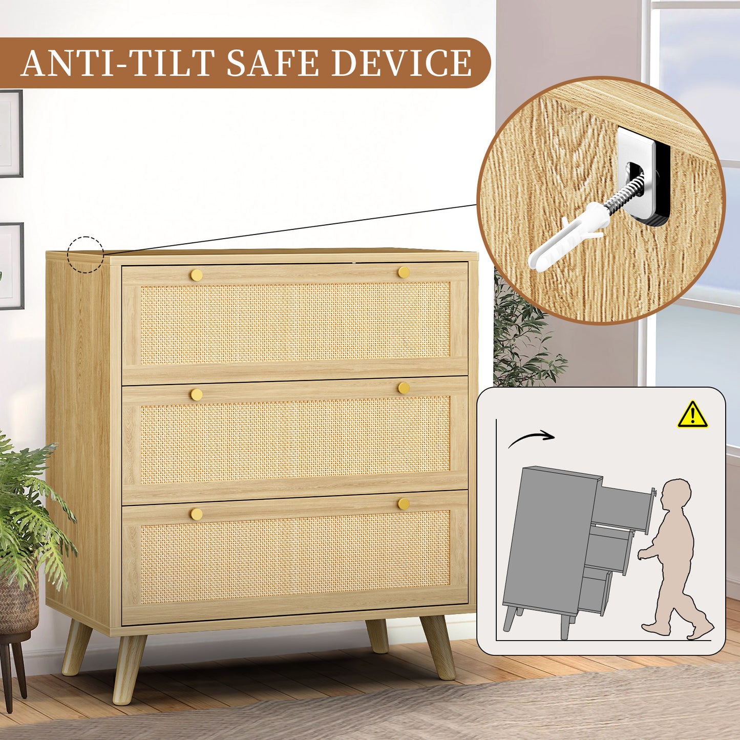 Capri 3-Drawer Dresser, Rattan Dresser Storage Wide Chest of Drawers, Wooden Bedside Night Stand Storage Cabinet for Bedroom,Living Room, Entryway, Natural