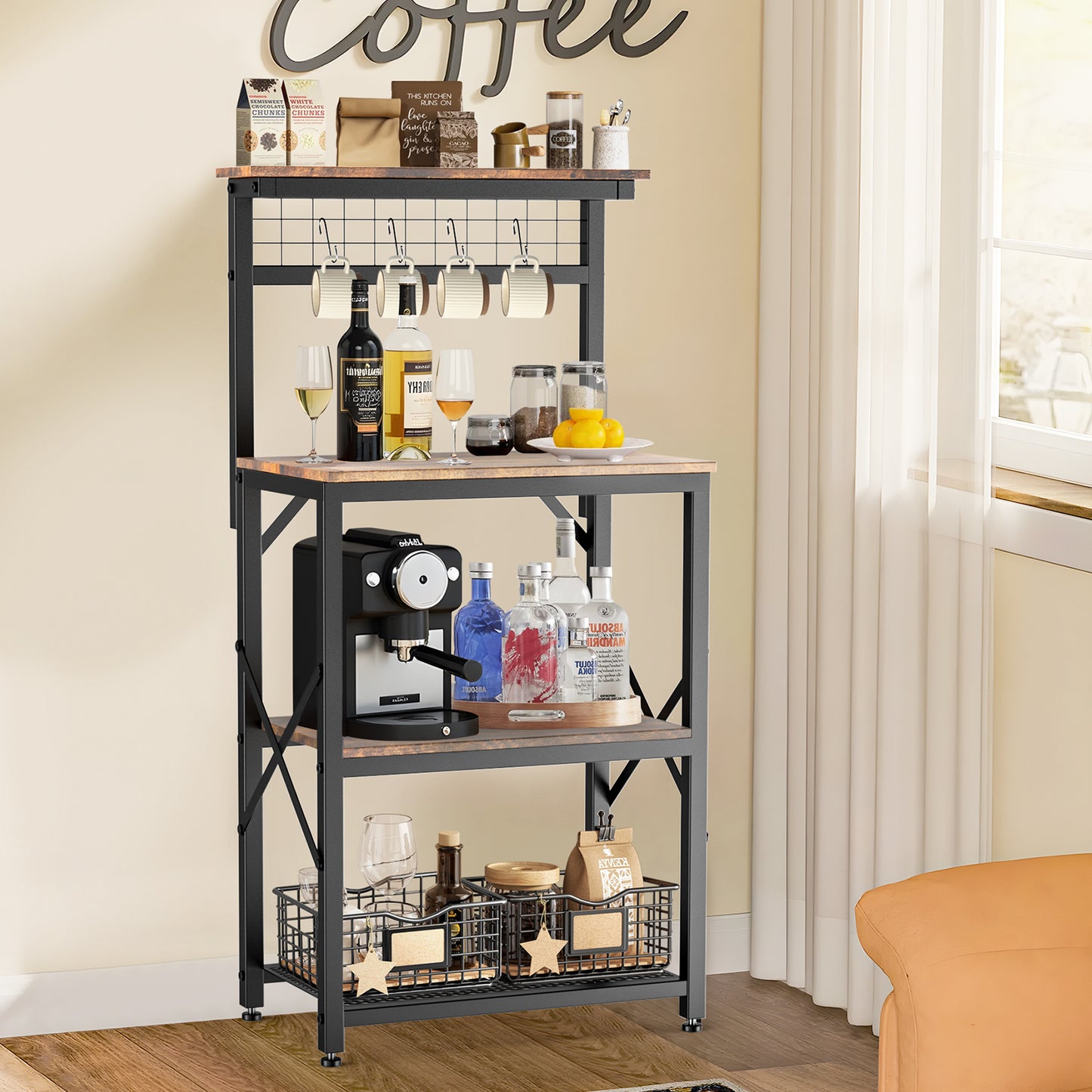 Capri Kitchen Bakers Rack with Storage Shelves and 4 Hooks, Small 4 Tiers Coffee Bar Table, Freestanding Microwave Stand, Kitchen Storage Shelf Rack for Spices, Pots and Pans, Rustic Brown