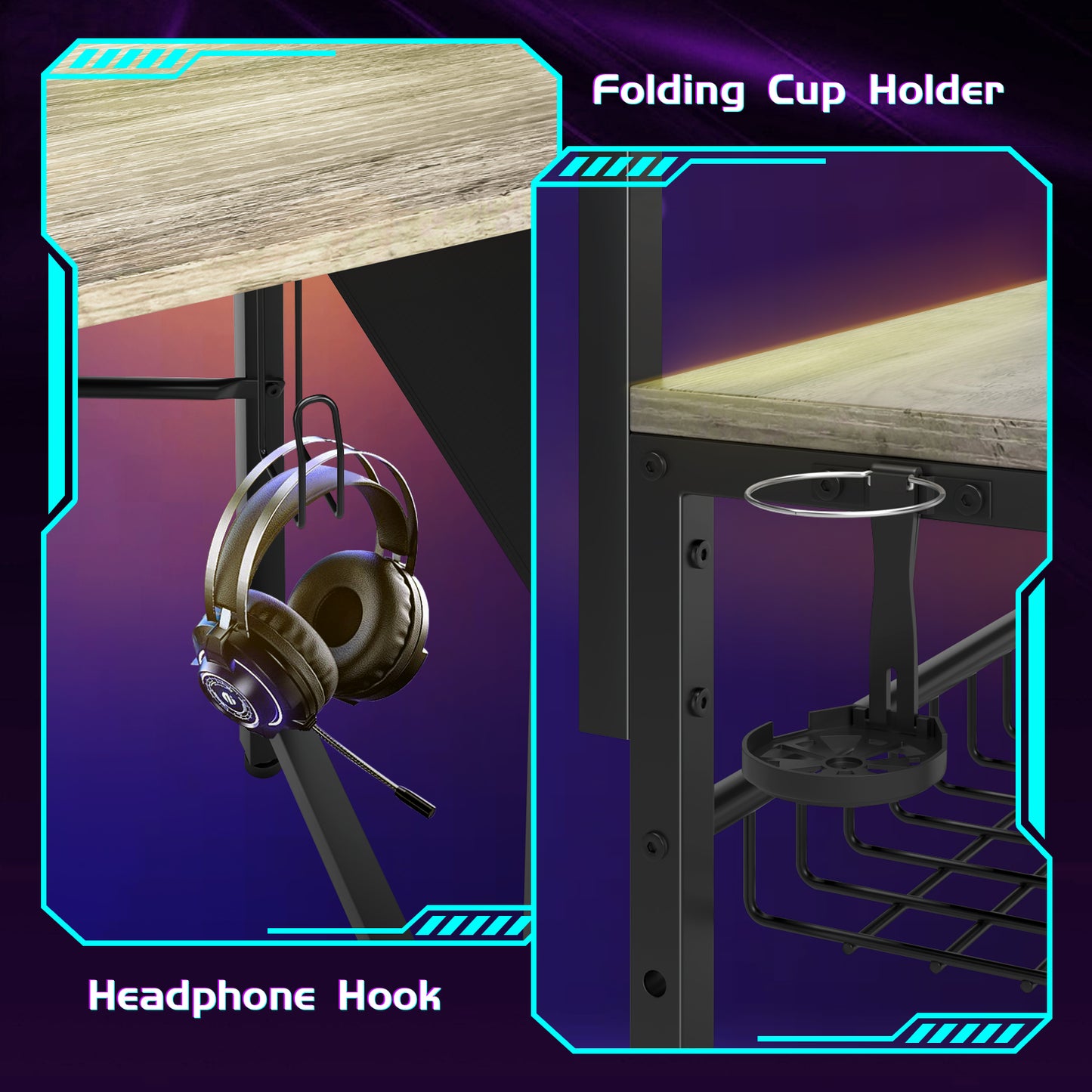 Capri 42" L Shaped Gaming Desk with Power Outlets & LED Lights, Small Computer Corner Desk with Headset Hooks and Cup Holder, Home Office Desk with Storage Shelves, Oak Gray