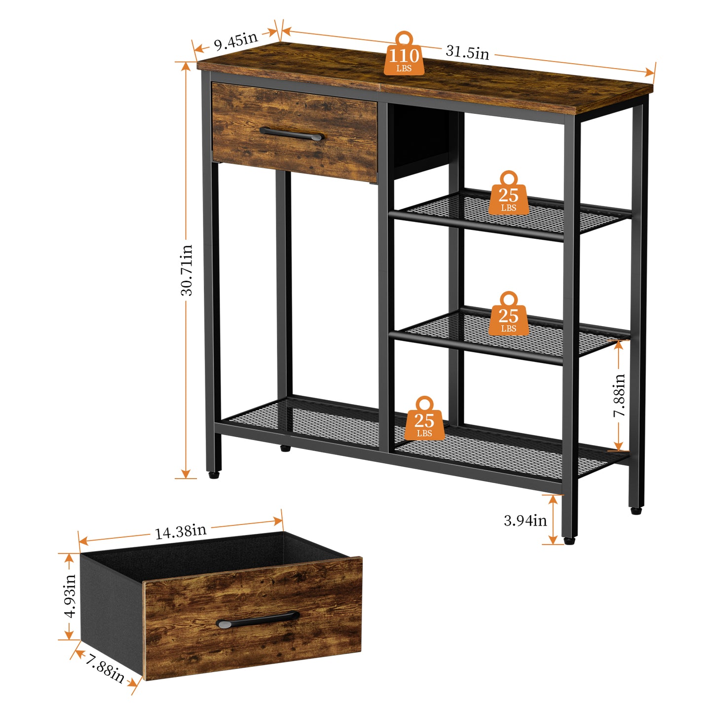 Capri 31.5" Entryway Table with Storage Fabric Drawer, Industrial Sofa Console Table Small Narrow Tables 4-Tier Shoe Rack Side Furniture for Small Spaces, Front Door, Hallway, Foyer, Rustic Brown