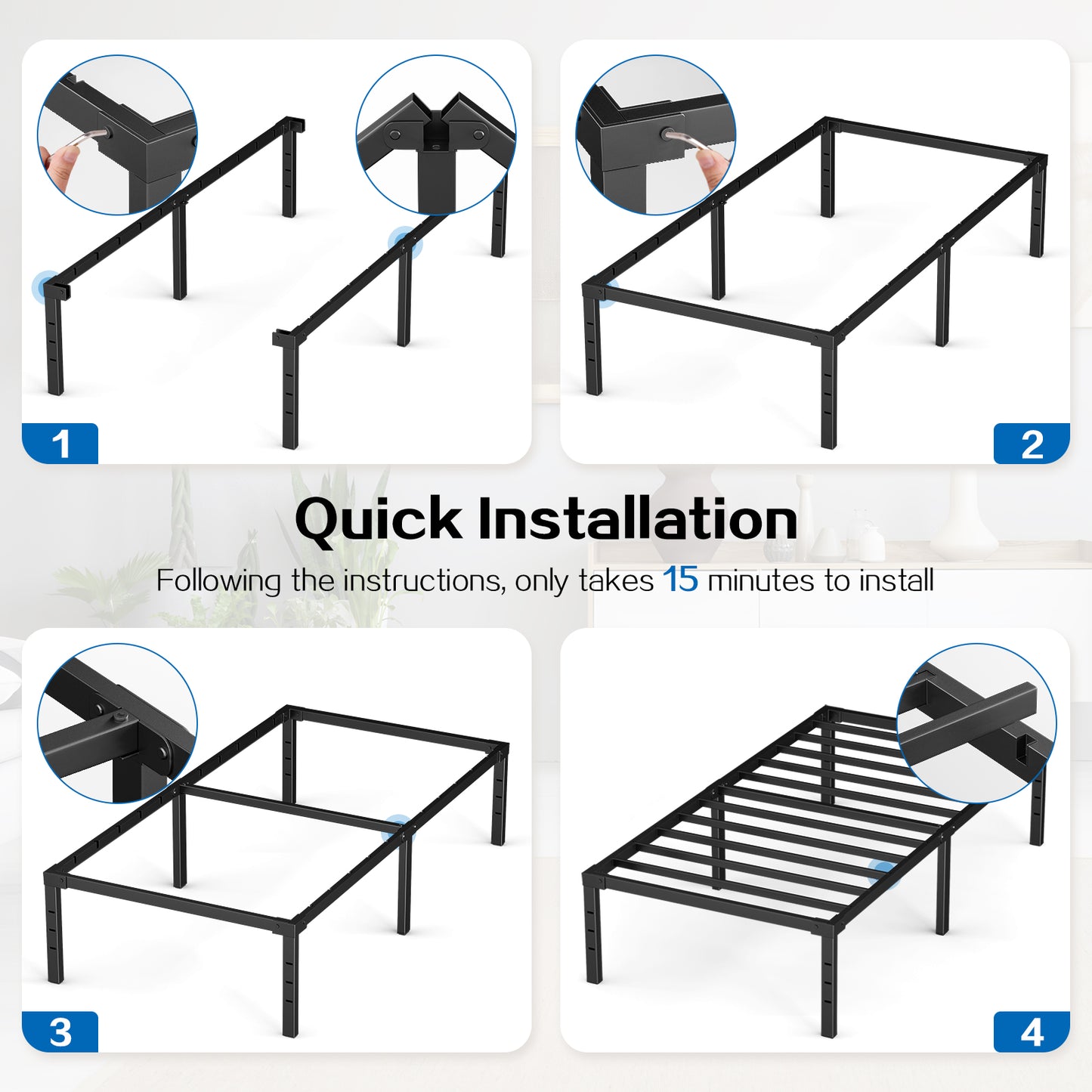Capri Twin Bed Frame, 18 Inch Metal Platform Bed Frame, Heavy Duty, No Box Spring Needed, Easy Assembly, Black