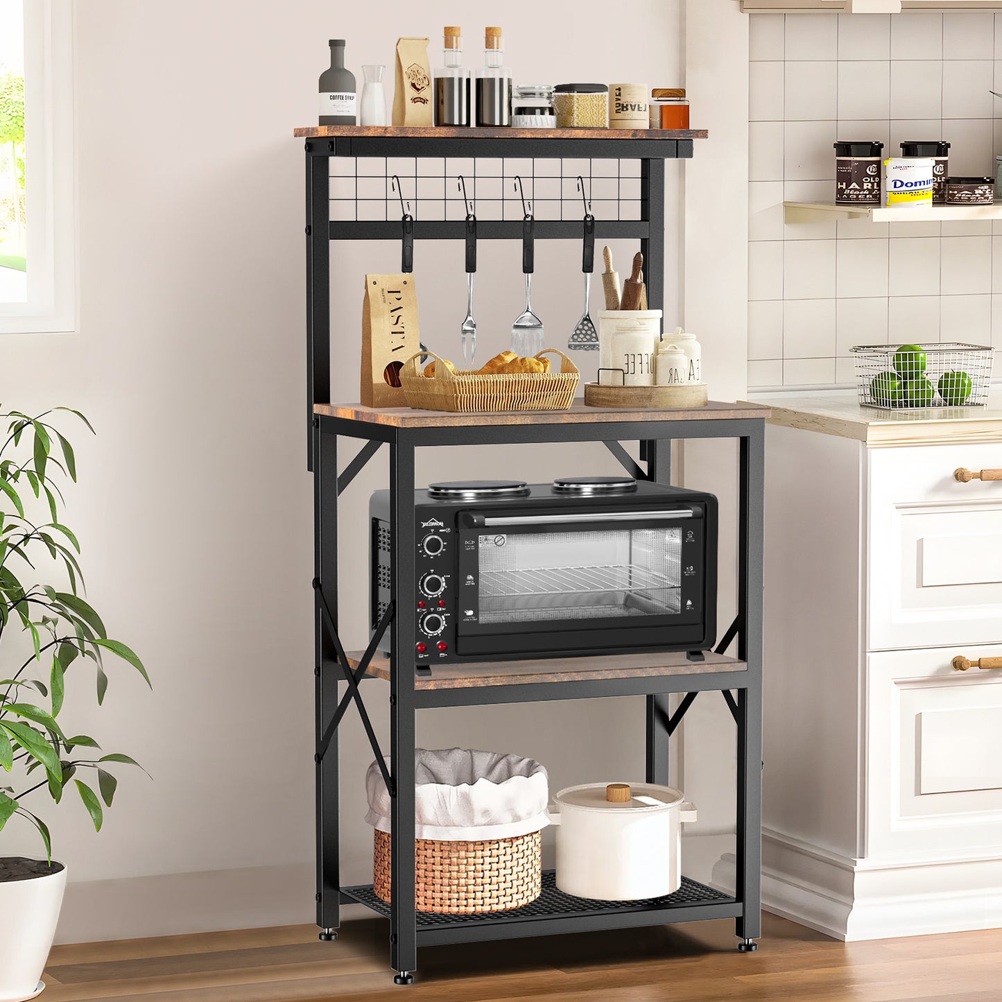 Capri Kitchen Bakers Rack with Storage Shelves and 4 Hooks, Small 4 Tiers Coffee Bar Table, Freestanding Microwave Stand, Kitchen Storage Shelf Rack for Spices, Pots and Pans, Rustic Brown