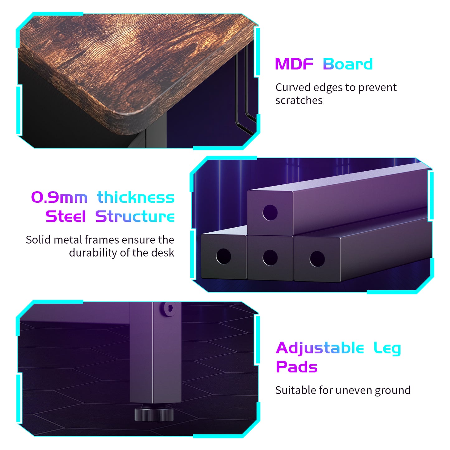 Capri 42" L Shaped Gaming Desk with Power Outlets & LED Lights, Small Computer Corner Desk with Headset Hooks and Cup Holder, Home Office Desk with Storage Shelves, Rustic Brown