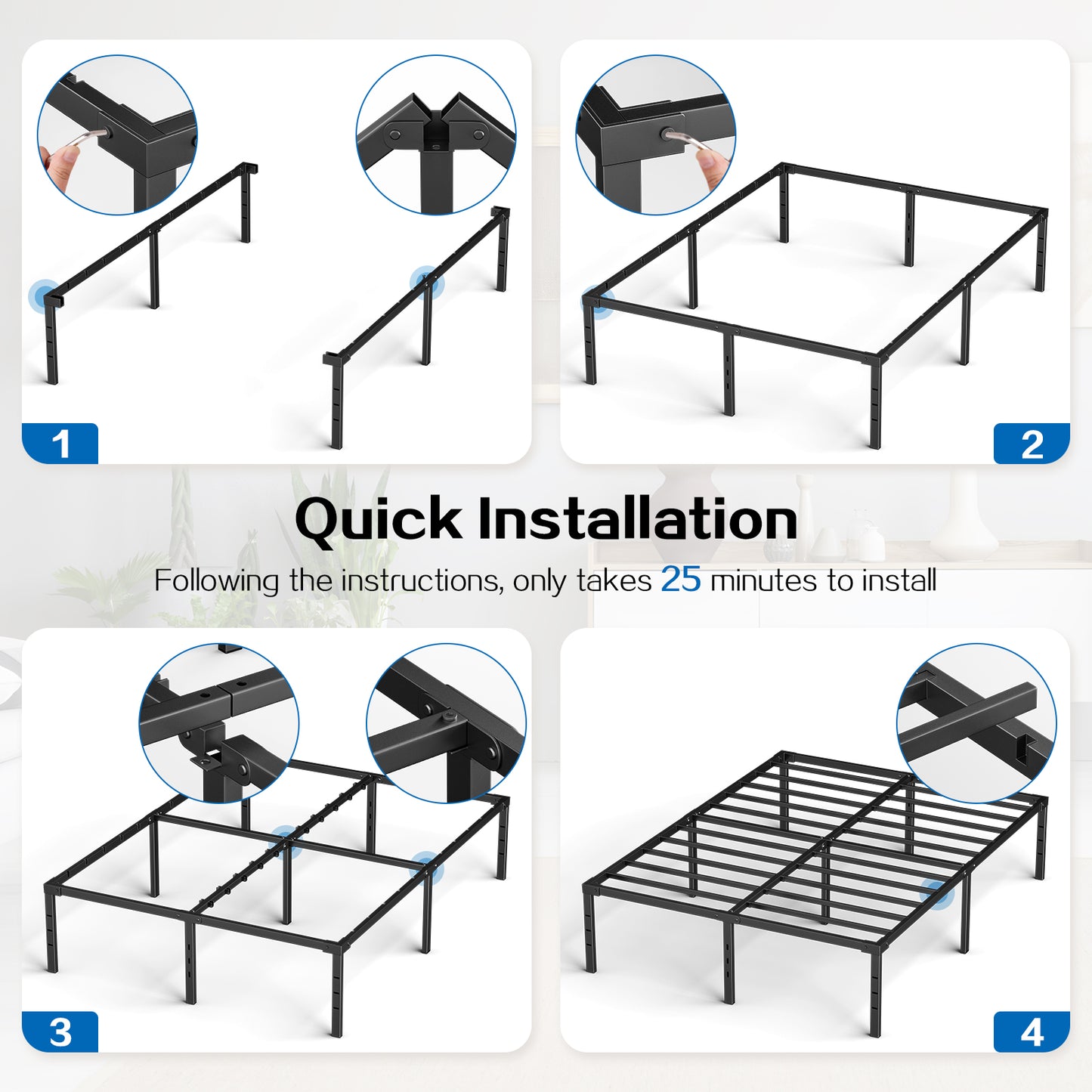 Capri Full Bed Frame, 18 Inch Metal Platform Bed Frame, Heavy Duty, No Box Spring Needed, Easy Assembly, Black