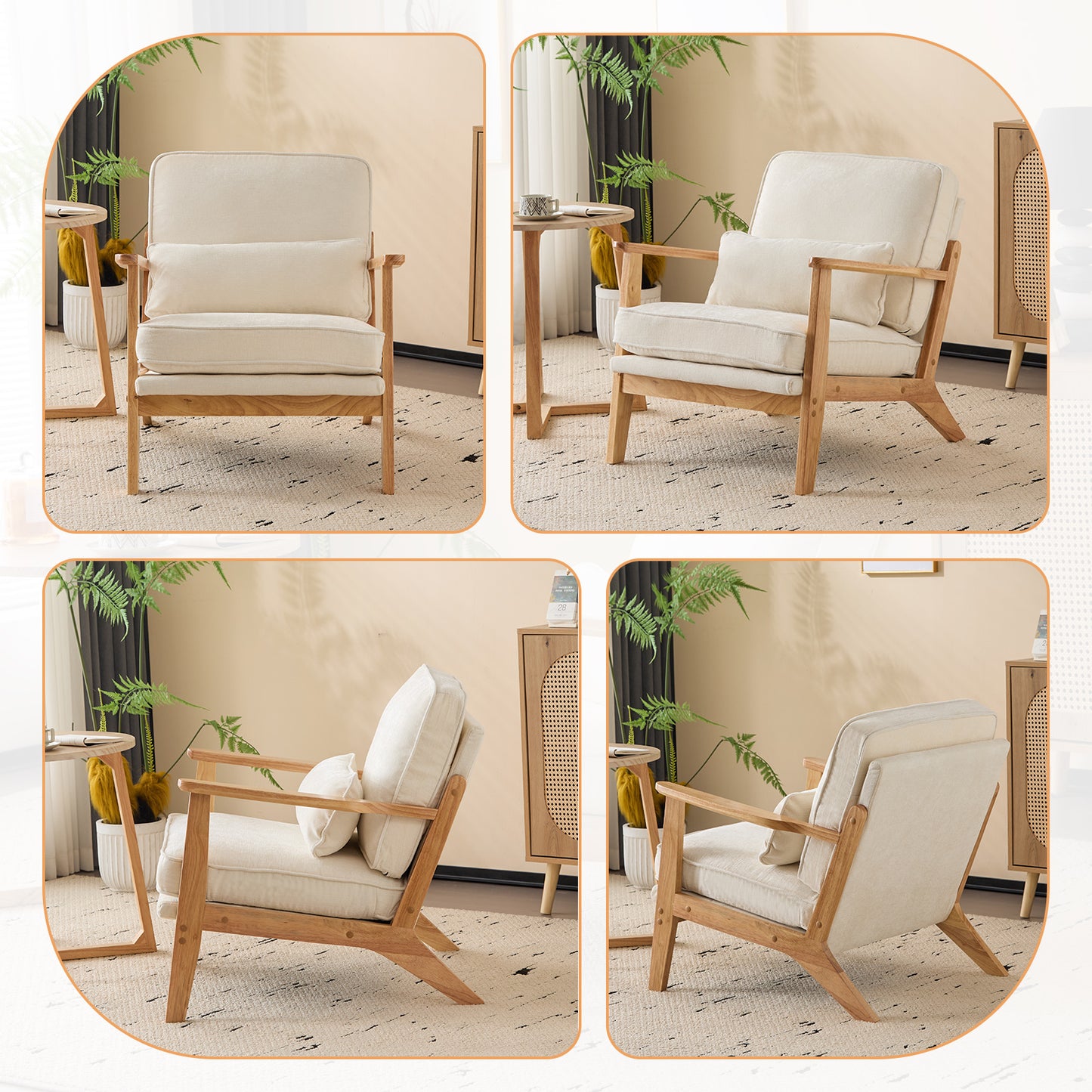 Capri Modern Reading Chair, Solid Wood Accent Arm Chair, Upholstered Sofa Side Chair with Lumbar Pillow, Armchair for Living Room Bedroom Guest Room, Beige/C