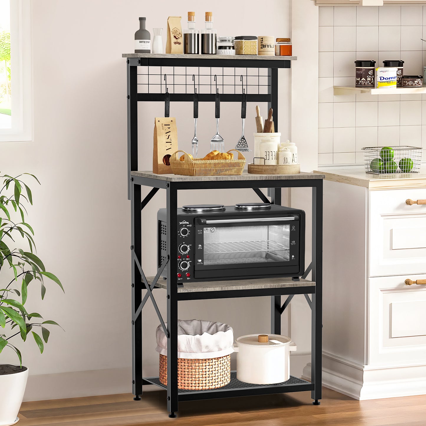 Capri Kitchen Bakers Rack with Storage Shelves and 4 Hooks, Small 4 Tiers Coffee Bar Table, Freestanding Microwave Stand, Kitchen Storage Shelf Rack for Spices, Pots and Pans, Oak Gray