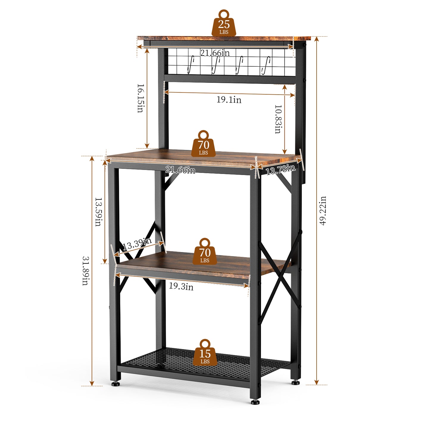Capri Kitchen Bakers Rack with Storage Shelves and 4 Hooks, Small 4 Tiers Coffee Bar Table, Freestanding Microwave Stand, Kitchen Storage Shelf Rack for Spices, Pots and Pans, Rustic Brown
