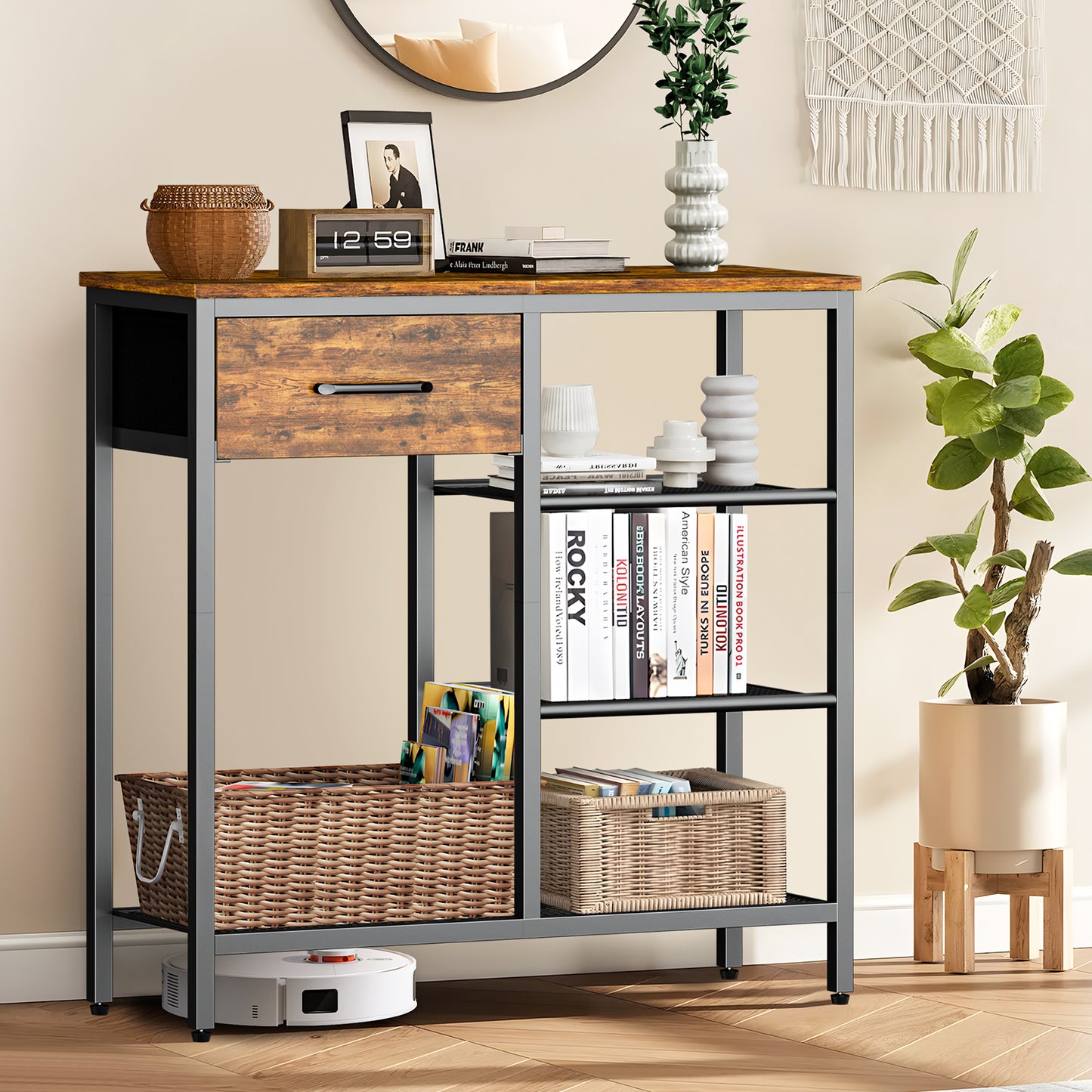 Capri 31.5" Entryway Table with Storage Fabric Drawer, Industrial Sofa Console Table Small Narrow Tables 4-Tier Shoe Rack Side Furniture for Small Spaces, Front Door, Hallway, Foyer, Rustic Brown