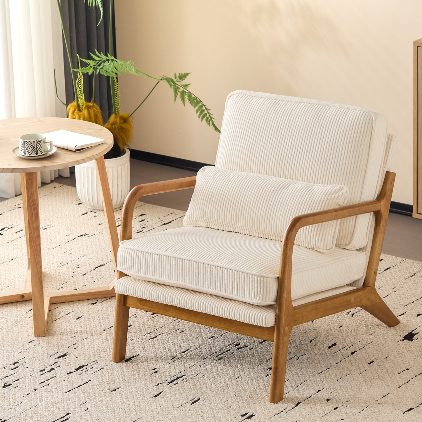 Capri Modern Accent Chair, Mid-Century Solid Wood Arm Chair, Upholstered Reading Chair with Lumbar Pillow, Sofa Side Chairs for Living Room Bedroom Guest Room, Beige Stripe