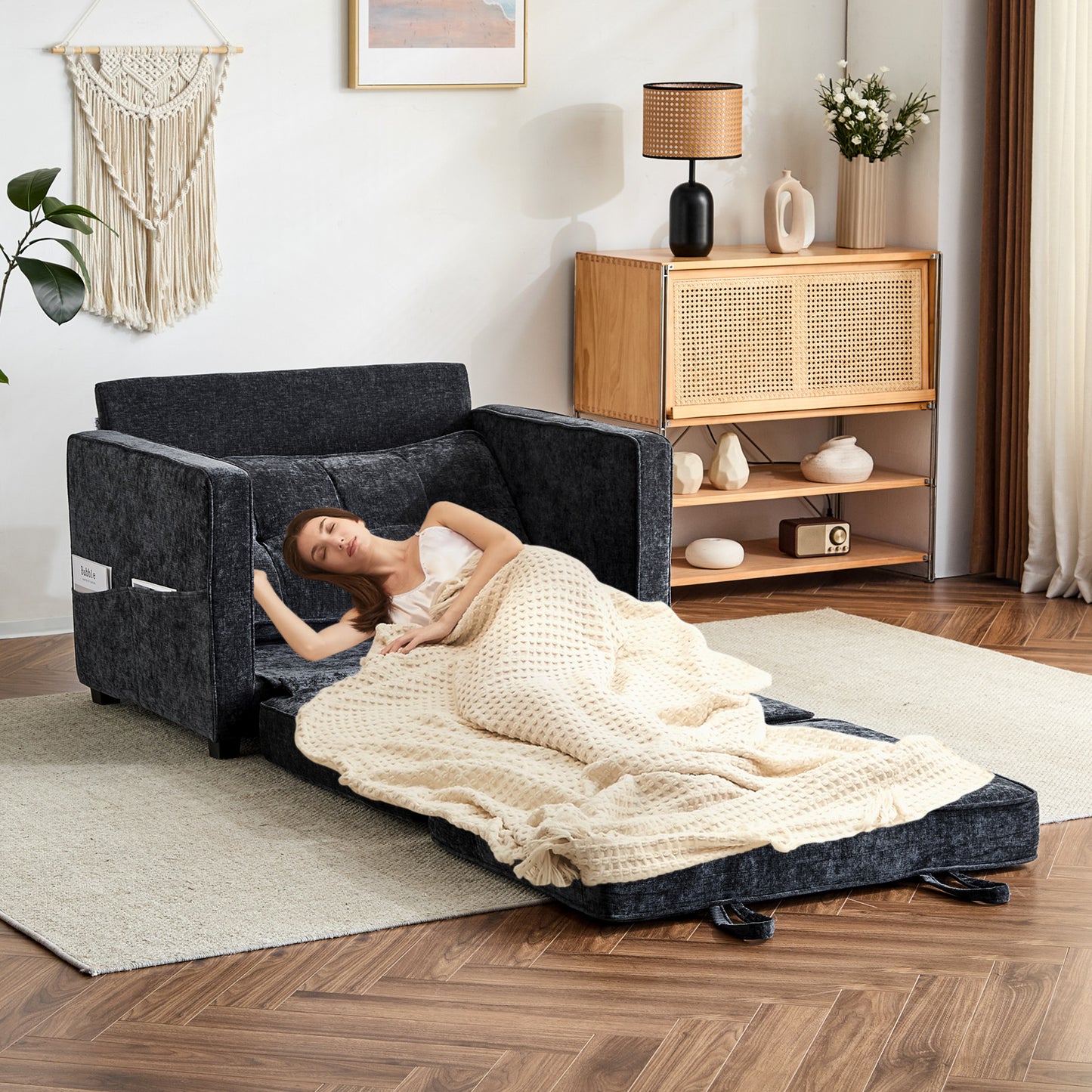 capri Fabric Loveseat Sleeper Sofa with Storage Pocket