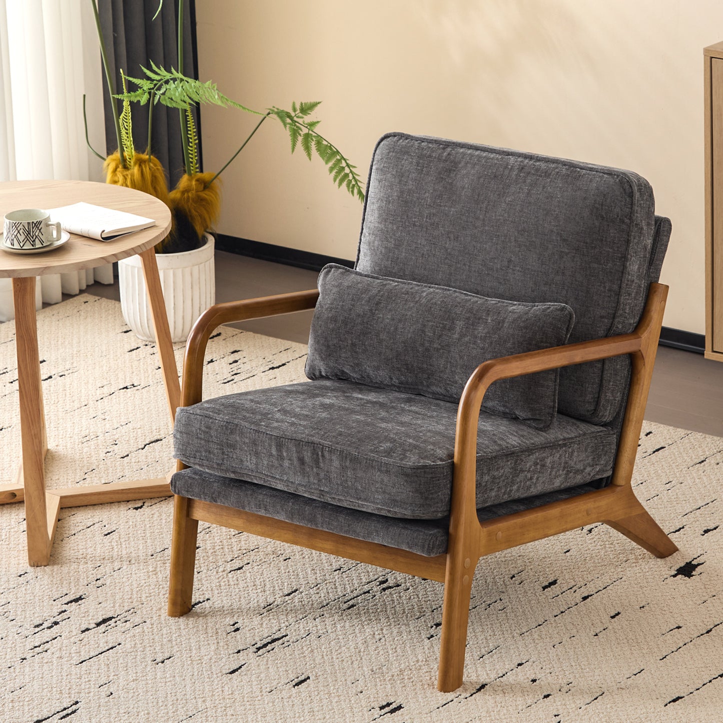 Capri Modern Accent Chair, Mid-Century Solid Wood Arm Chair, Upholstered Reading Chair with Lumbar Pillow, Sofa Side Chairs for Living Room Bedroom Guest Room, Dark Gray