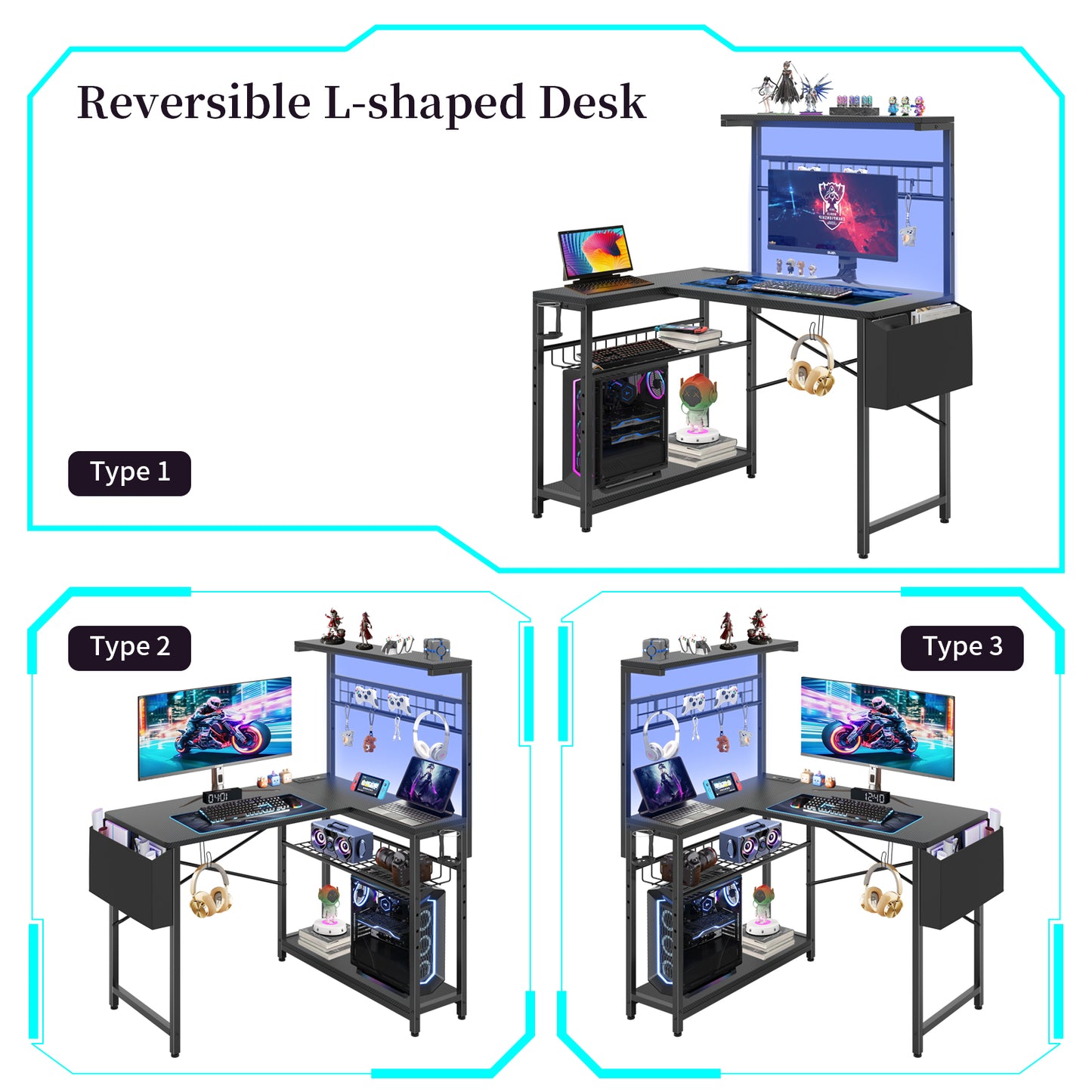 Capri 42" L Shaped Gaming Desk with Power Outlets & LED Lights, Small Computer Corner Desk with Headset Hooks and Cup Holder, Home Office Desk with Storage Shelves, Carbon Fiber Black