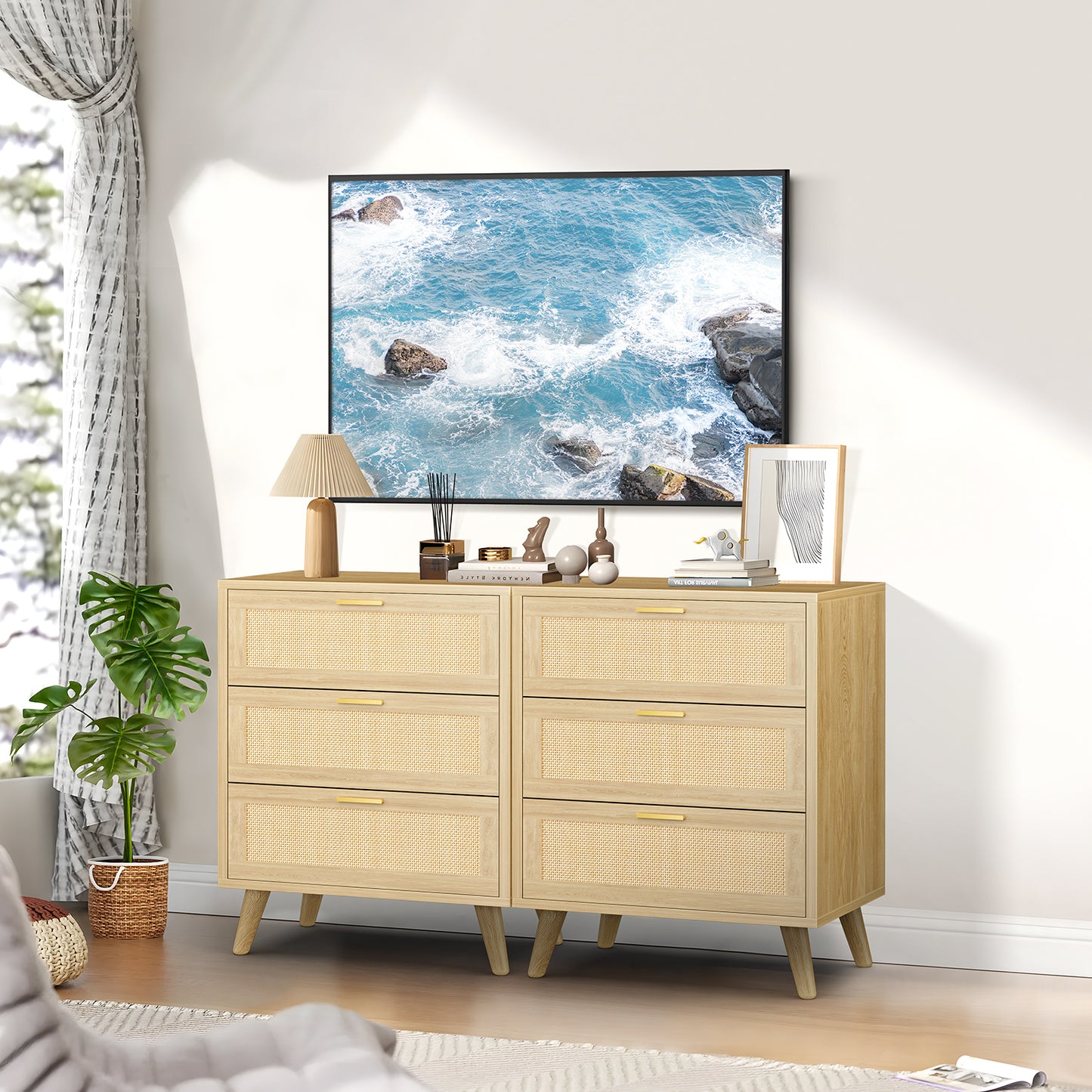 Capri 3-Drawer Dresser, Rattan Dresser Storage Wide Chest of Drawers, Wooden Bedside Night Stand Storage Cabinet for Bedroom,Living Room, Entryway, Natural