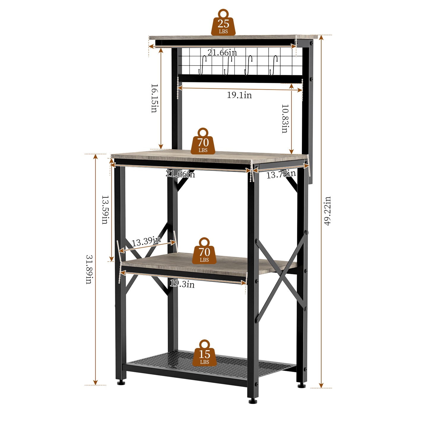 Capri Kitchen Bakers Rack with Storage Shelves and 4 Hooks, Small 4 Tiers Coffee Bar Table, Freestanding Microwave Stand, Kitchen Storage Shelf Rack for Spices, Pots and Pans, Oak Gray