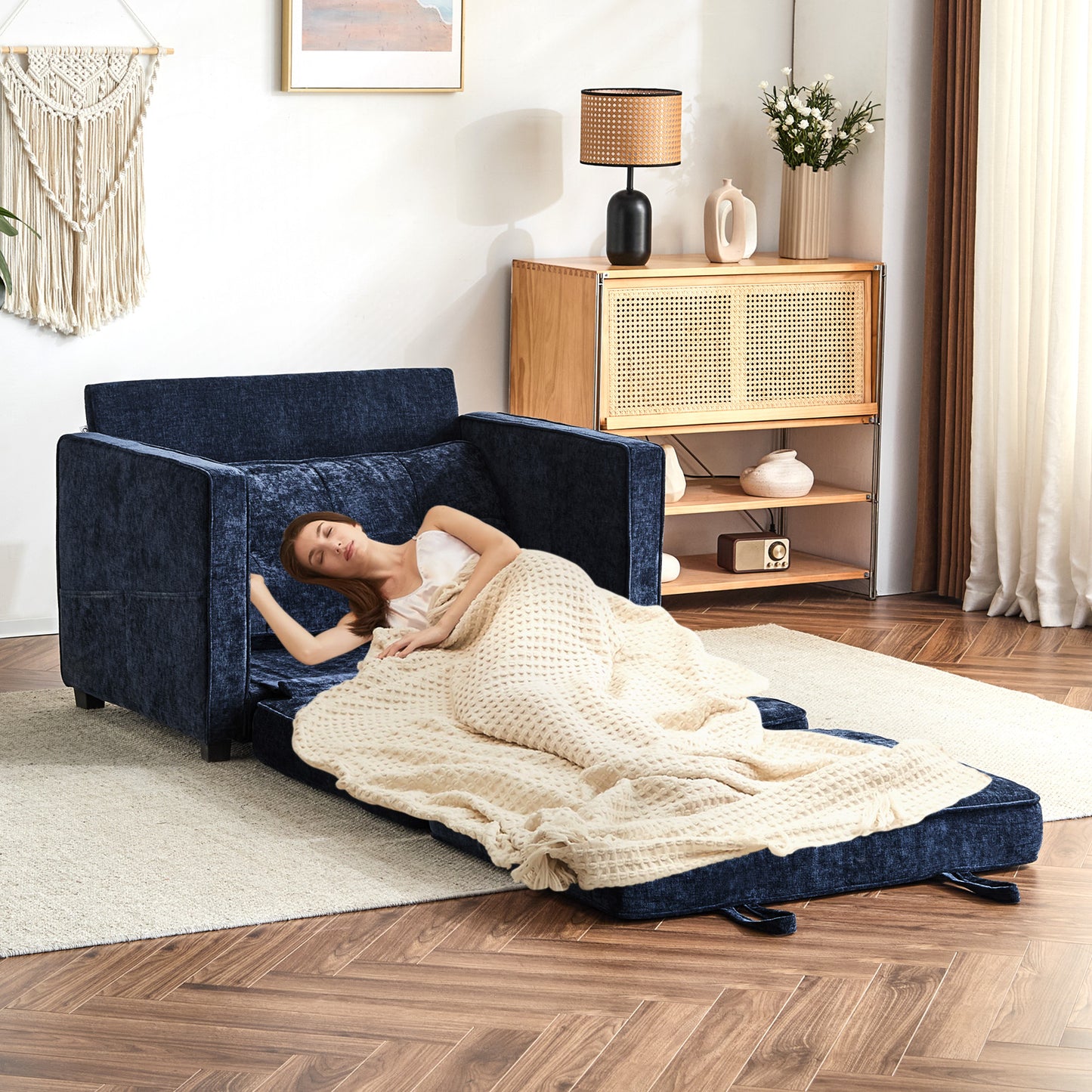 capri Fabric Loveseat Sleeper Sofa with Storage Pocket