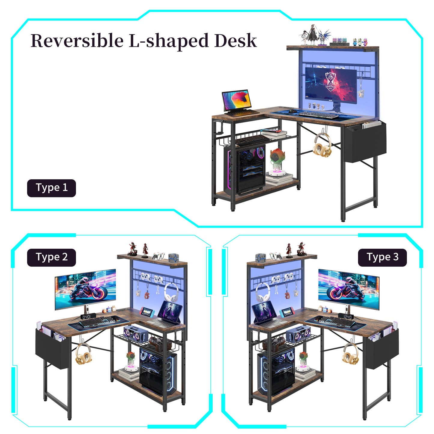 Capri 42" L Shaped Gaming Desk with Power Outlets & LED Lights, Small Computer Corner Desk with Headset Hooks and Cup Holder, Home Office Desk with Storage Shelves, Rustic Brown