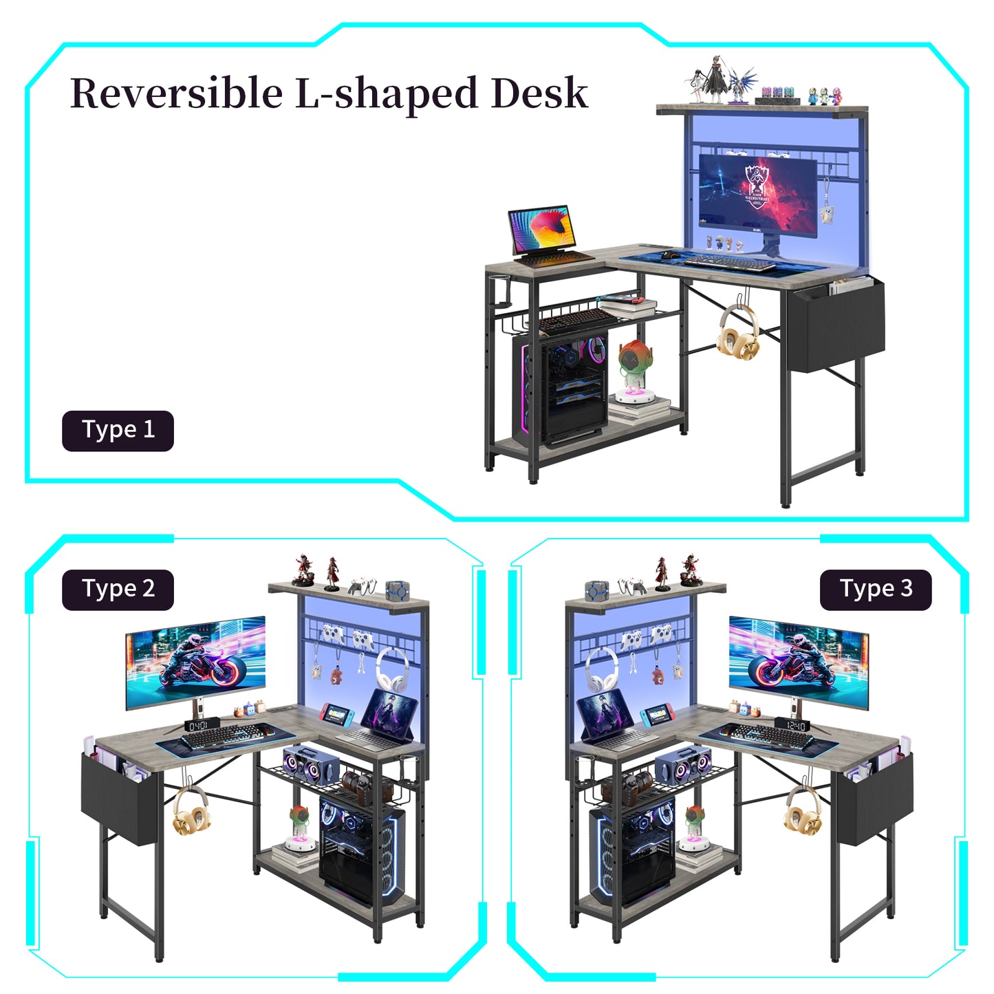 Capri 42" L Shaped Gaming Desk with Power Outlets & LED Lights, Small Computer Corner Desk with Headset Hooks and Cup Holder, Home Office Desk with Storage Shelves, Oak Gray