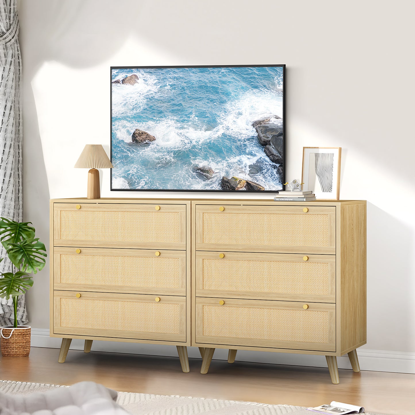 Capri 3-Drawer Dresser, Rattan Dresser Storage Wide Chest of Drawers, Wooden Bedside Night Stand Storage Cabinet for Bedroom,Living Room, Entryway, Natural