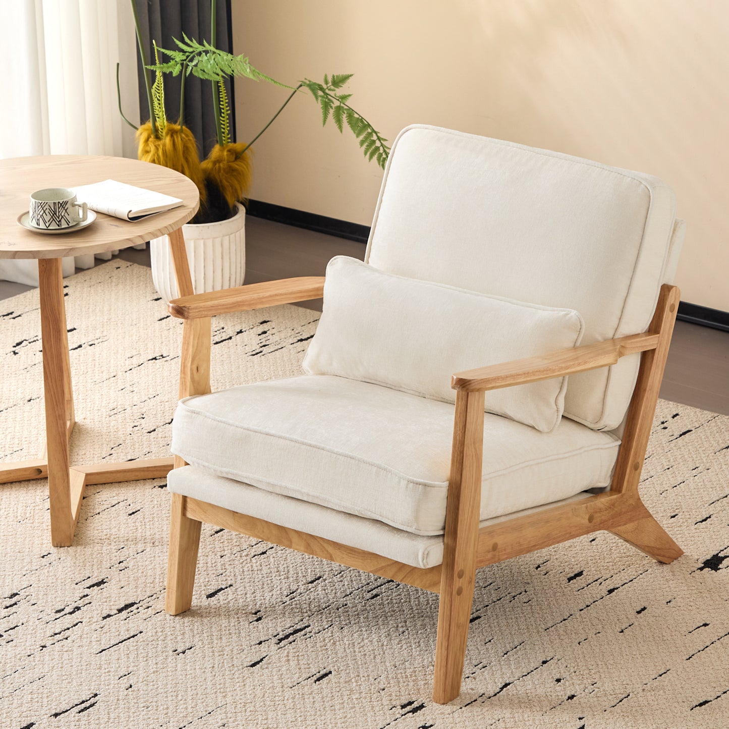 Capri Modern Reading Chair, Solid Wood Accent Arm Chair, Upholstered Sofa Side Chair with Lumbar Pillow, Armchair for Living Room Bedroom Guest Room, Beige/C