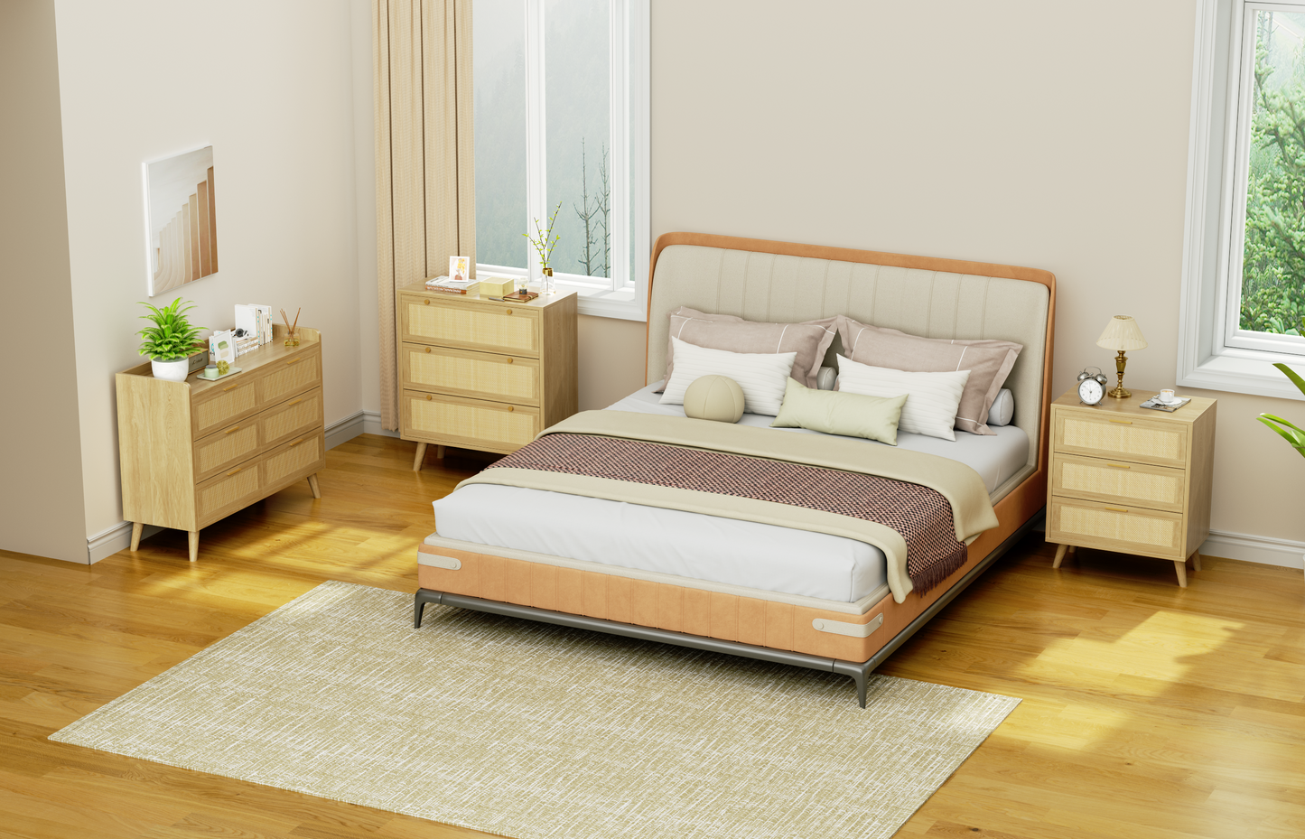 Capri 3-Drawer Dresser, Rattan Dresser Storage Wide Chest of Drawers, Wooden Bedside Night Stand Storage Cabinet for Bedroom,Living Room, Entryway, Natural