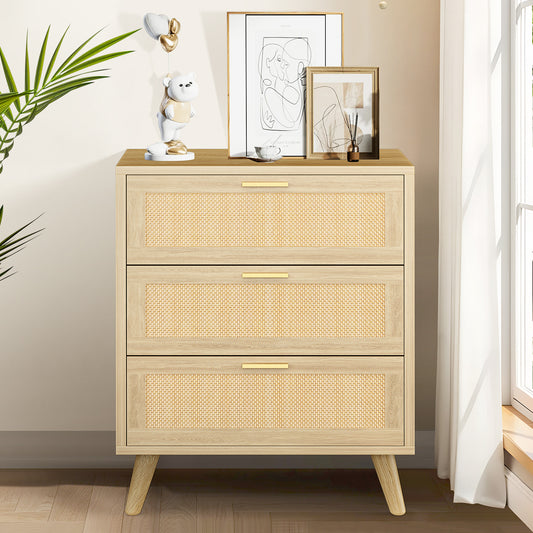 Capri 3-Drawer Dresser, Rattan Dresser Storage Wide Chest of Drawers, Wooden Bedside Night Stand Storage Cabinet for Bedroom,Living Room, Entryway, Natural