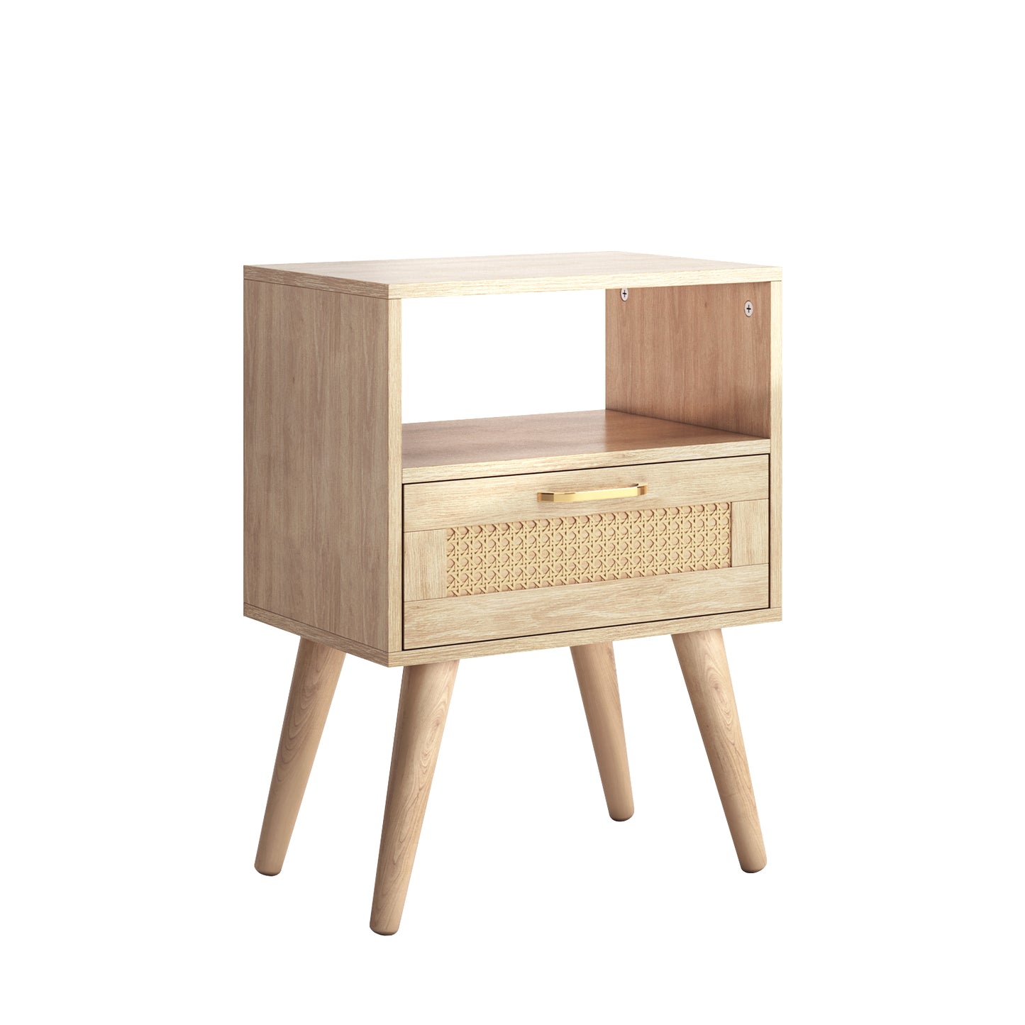Capri Rattan Nightstand with Drawer Open Shelf and Solid Wood Feet, Cane Accent Sofa Table for Bedroom Living Room Dorm and Small Spaces, Natural