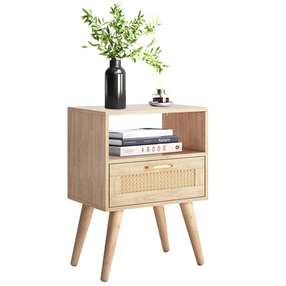 Capri Rattan Nightstand with Drawer Open Shelf and Solid Wood Feet, Cane Accent Sofa Table for Bedroom Living Room Dorm and Small Spaces, Natural