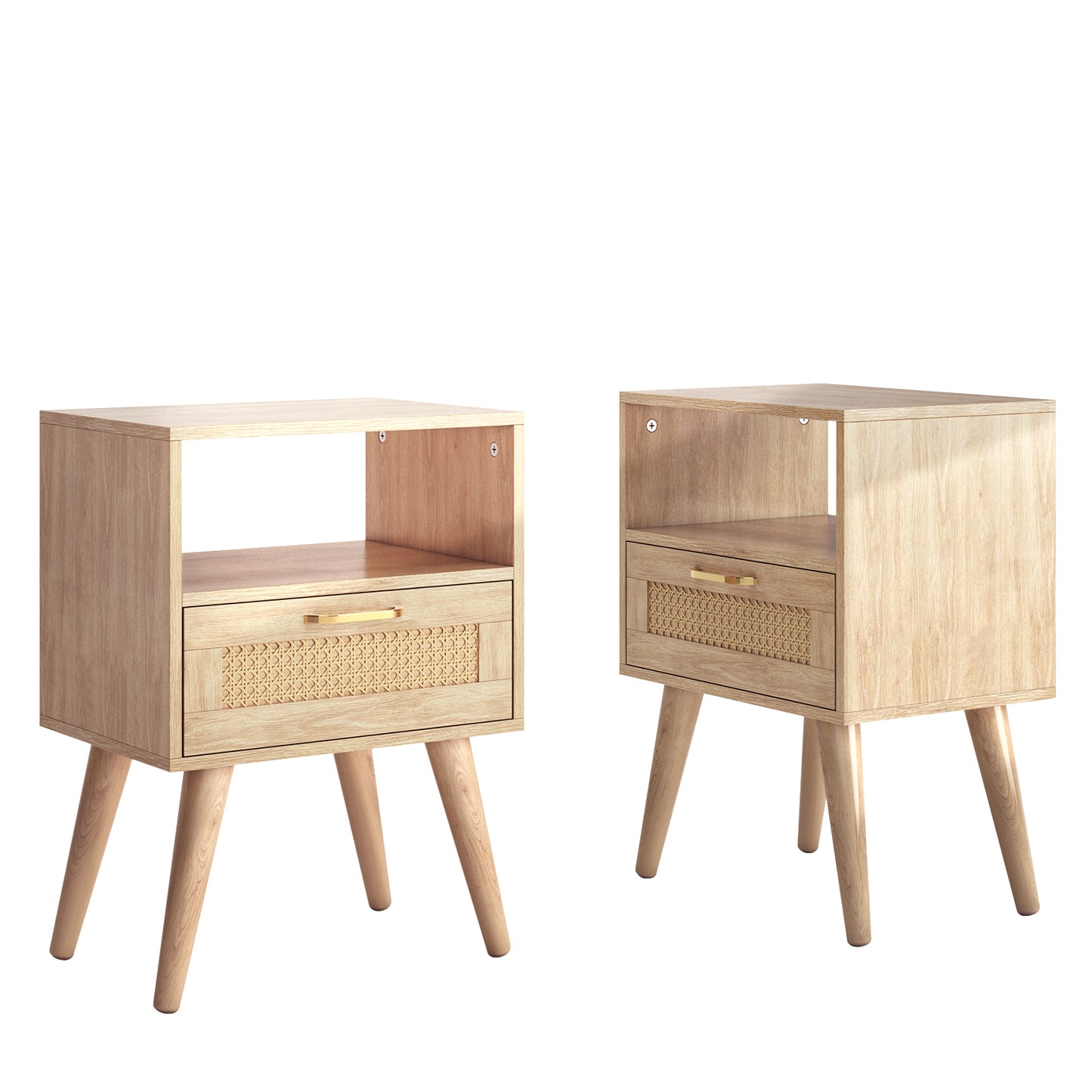Capri Nightstands Set of 2, Rattan Sofa Table with Drawer & Open Shelf & Solid Wood Feet, for Bedroom Living Room Dorm and Small Spaces, Natural