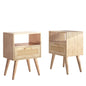 Capri Nightstands Set of 2, Rattan Sofa Table with Drawer & Open Shelf & Solid Wood Feet, for Bedroom Living Room Dorm and Small Spaces, Natural