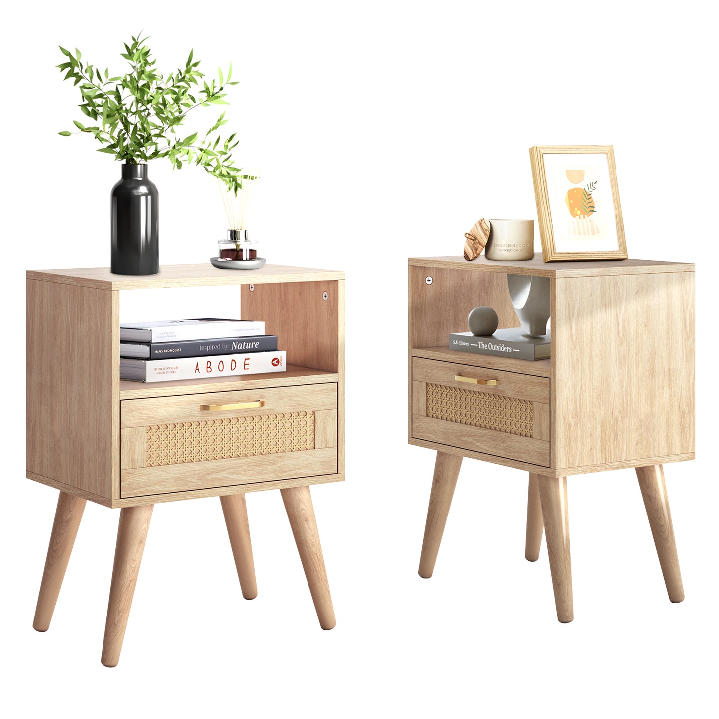 Capri Nightstands Set of 2, Rattan Sofa Table with Drawer & Open Shelf & Solid Wood Feet, for Bedroom Living Room Dorm and Small Spaces, Natural