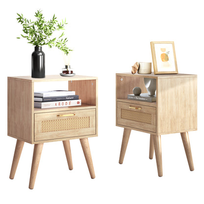 Capri Nightstands Set of 2, Rattan Sofa Table with Drawer & Open Shelf & Solid Wood Feet, for Bedroom Living Room Dorm and Small Spaces, Natural