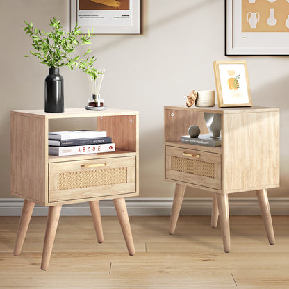Capri Nightstands Set of 2, Rattan Sofa Table with Drawer & Open Shelf & Solid Wood Feet, for Bedroom Living Room Dorm and Small Spaces, Natural