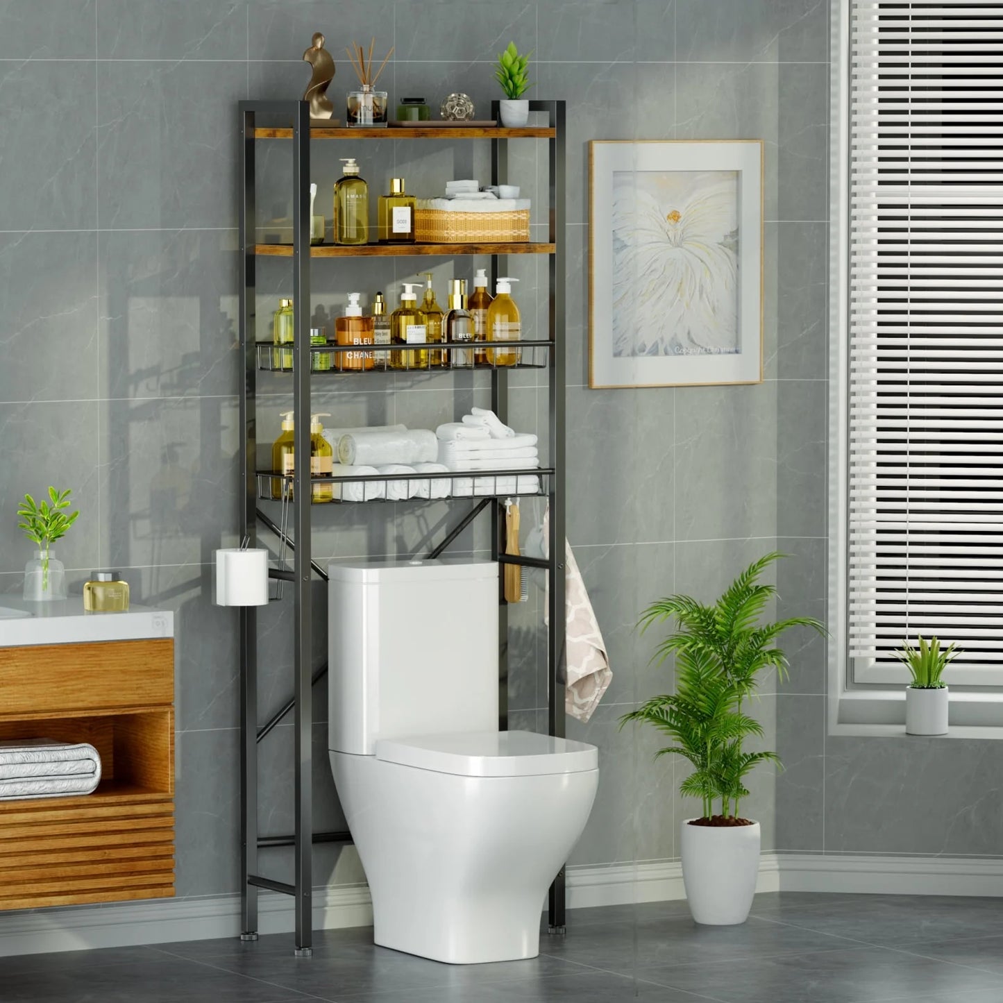 Capri 4-Tier Over-the-Toilet Storage Shelf, Bathroom Organizer Shelf Over Toilet, Freestanding Space Saver Rack with Adjustable Shelf and Basket, Rustic Brown