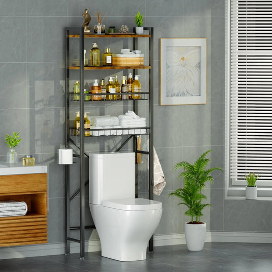 Capri 4-Tier Over-the-Toilet Storage Shelf, Bathroom Organizer Shelf Over Toilet, Freestanding Space Saver Rack with Adjustable Shelf and Basket, Rustic Brown