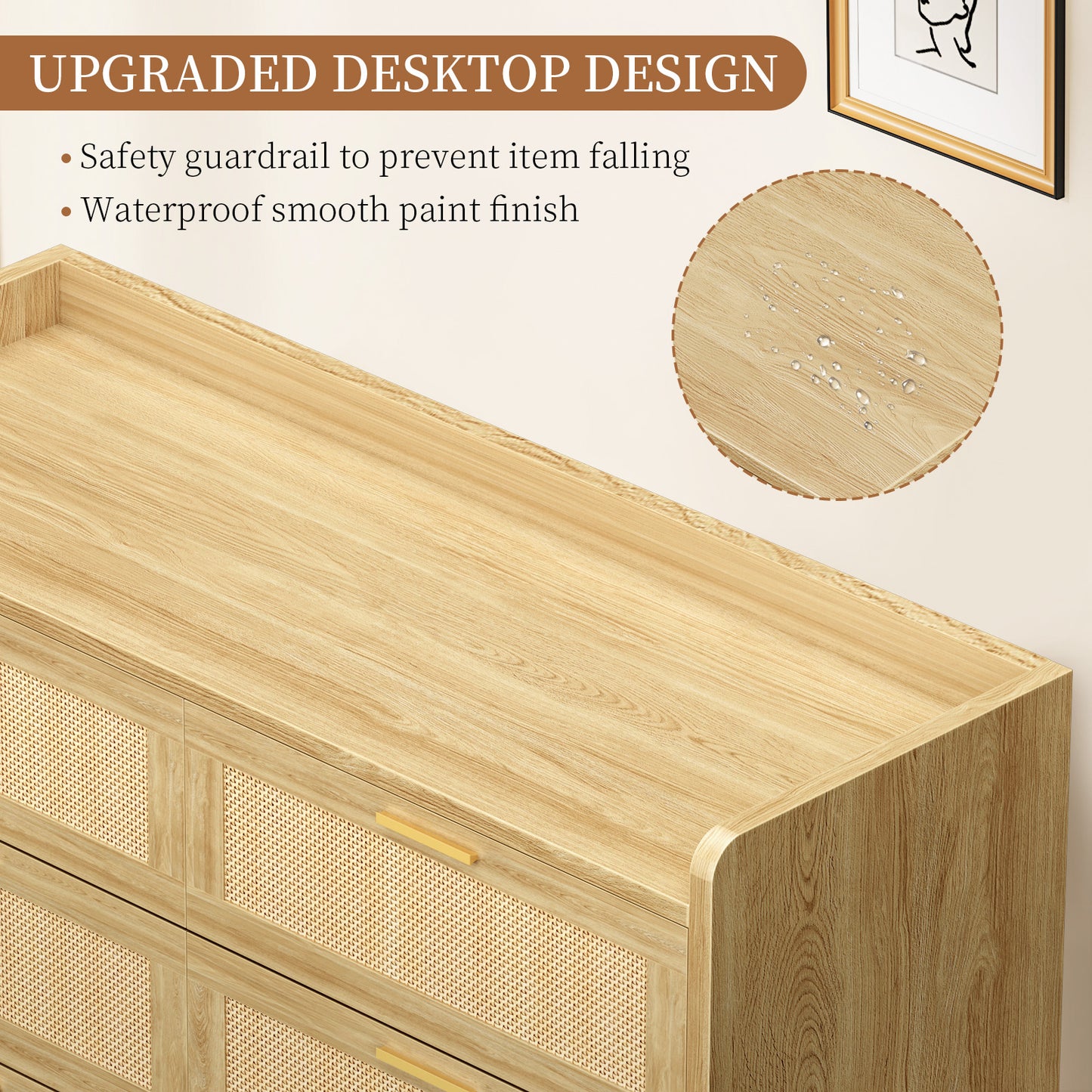 Capri 6-Drawer Dresser, Rattan Dresser Storage Wide Chest of Drawers, Wooden Bedside Night Stand Storage Cabinet for Bedroom,Living Room, Entryway, Natural
