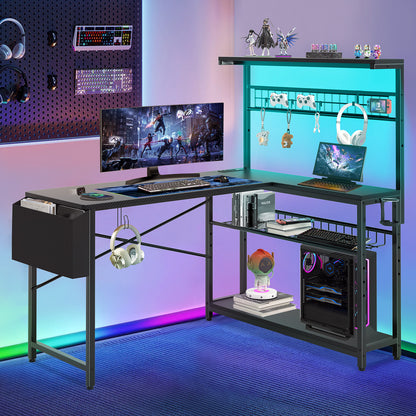 Capri L Shaped Gaming Desk, 52" Reversible Computer Desk with Power Outlets & LED Lights & Headset Hooks & Cup Holder & Storage Bag, Carbon Fiber Black