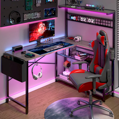 Capri L Shaped Gaming Desk, 52" Reversible Computer Desk with Power Outlets & LED Lights & Headset Hooks & Cup Holder & Storage Bag, Oak Gray