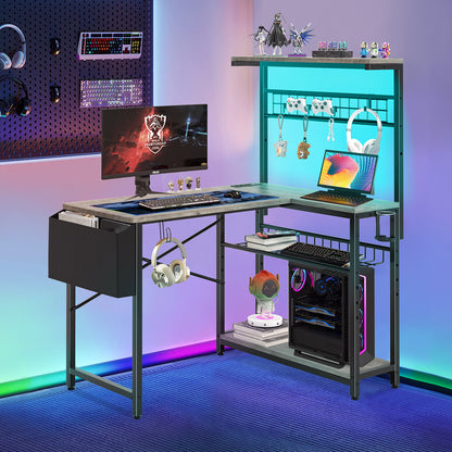Capri 42" L Shaped Gaming Desk with Power Outlets & LED Lights, Small Computer Corner Desk with Headset Hooks and Cup Holder, Home Office Desk with Storage Shelves, Oak Gray