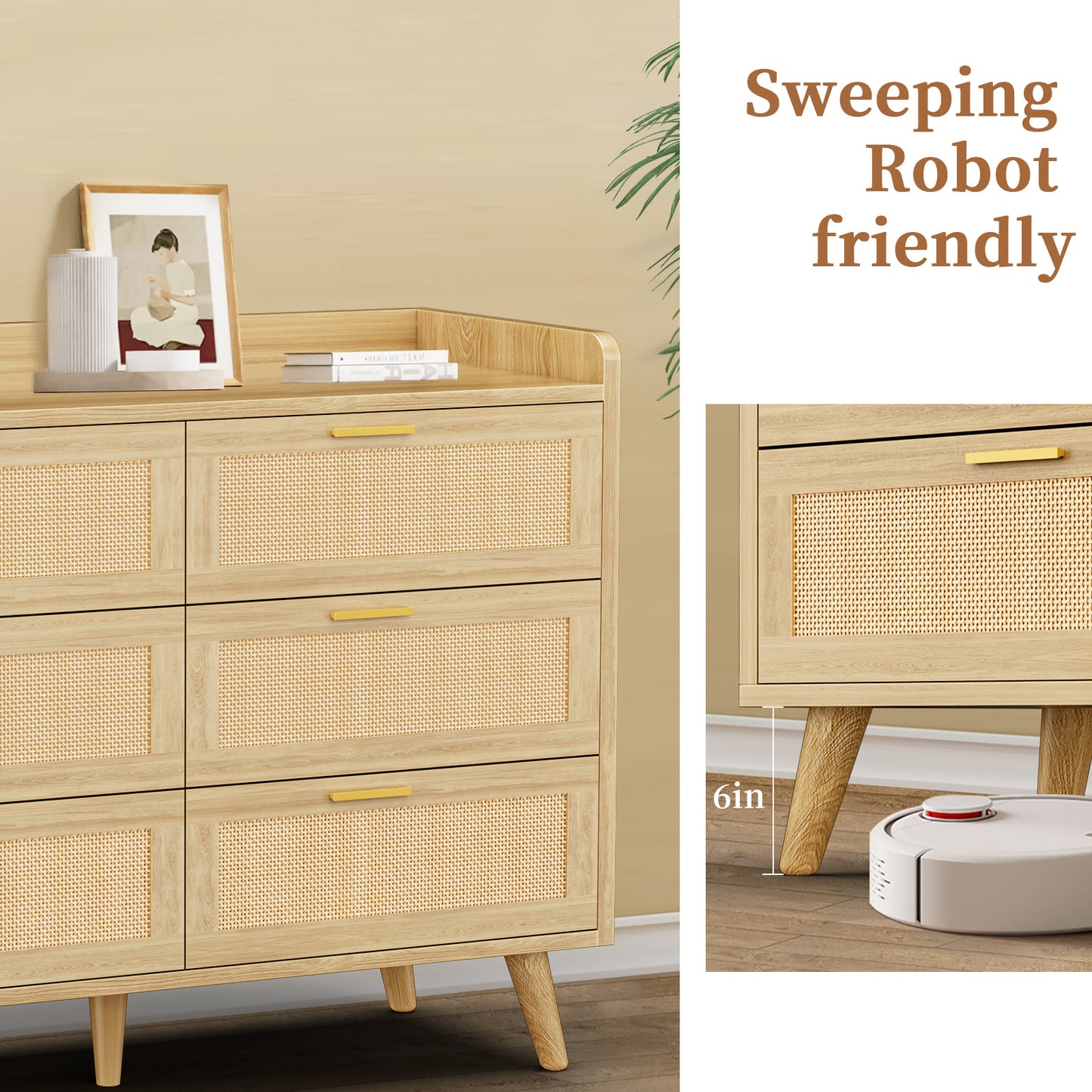 Capri 6-Drawer Dresser, Rattan Dresser Storage Wide Chest of Drawers, Wooden Bedside Night Stand Storage Cabinet for Bedroom,Living Room, Entryway, Natural