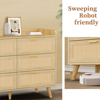 Capri 6-Drawer Dresser, Rattan Dresser Storage Wide Chest of Drawers, Wooden Bedside Night Stand Storage Cabinet for Bedroom,Living Room, Entryway, Natural