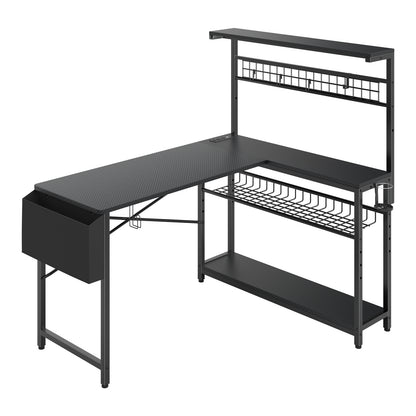 Capri L Shaped Gaming Desk, 52" Reversible Computer Desk with Power Outlets & LED Lights & Headset Hooks & Cup Holder & Storage Bag, Carbon Fiber Black