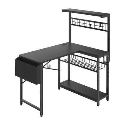 Capri 42" L Shaped Gaming Desk with Power Outlets & LED Lights, Small Computer Corner Desk with Headset Hooks and Cup Holder, Home Office Desk with Storage Shelves, Carbon Fiber Black