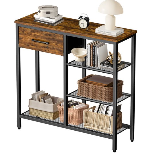 Capri 31.5" Entryway Table with Storage Fabric Drawer, Industrial Sofa Console Table Small Narrow Tables 4-Tier Shoe Rack Side Furniture for Small Spaces, Front Door, Hallway, Foyer, Rustic Brown